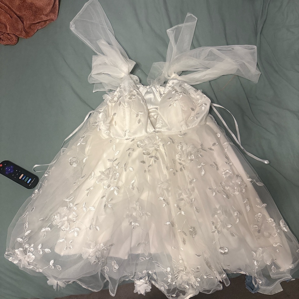Elegant White Floral Dress With Sheer Overlay